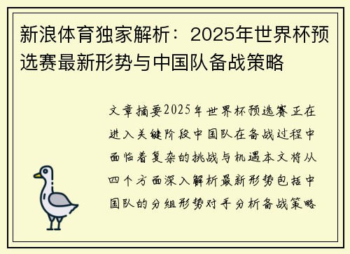 新浪体育独家解析：2025年世界杯预选赛最新形势与中国队备战策略