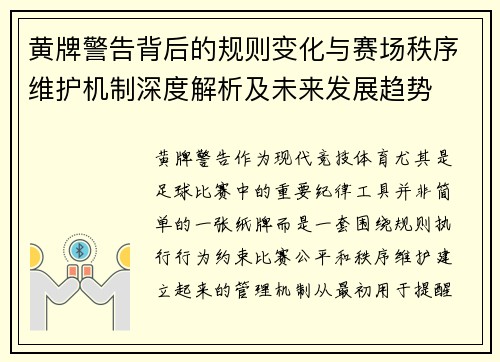 黄牌警告背后的规则变化与赛场秩序维护机制深度解析及未来发展趋势